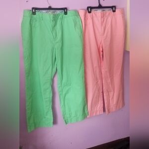 LL Bean Women's Plus Size 18W Pink And Green Slacks Bundle Of Two. 100% Cotton